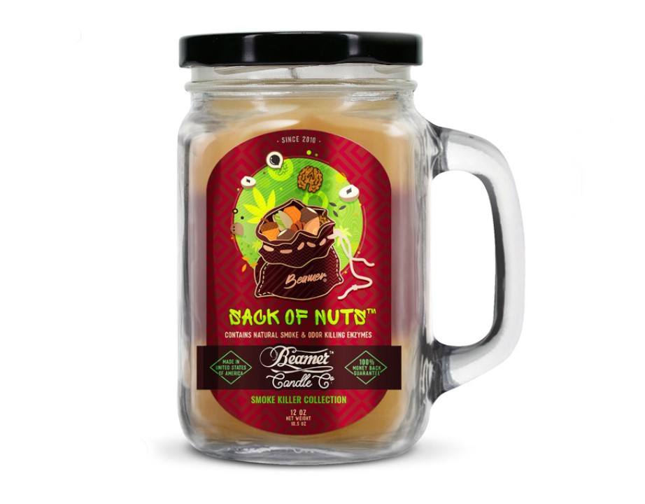 Smoke Killer illatgyertya üvegedényben, füllel és fém kupakkal – Sack of Nuts - nagy